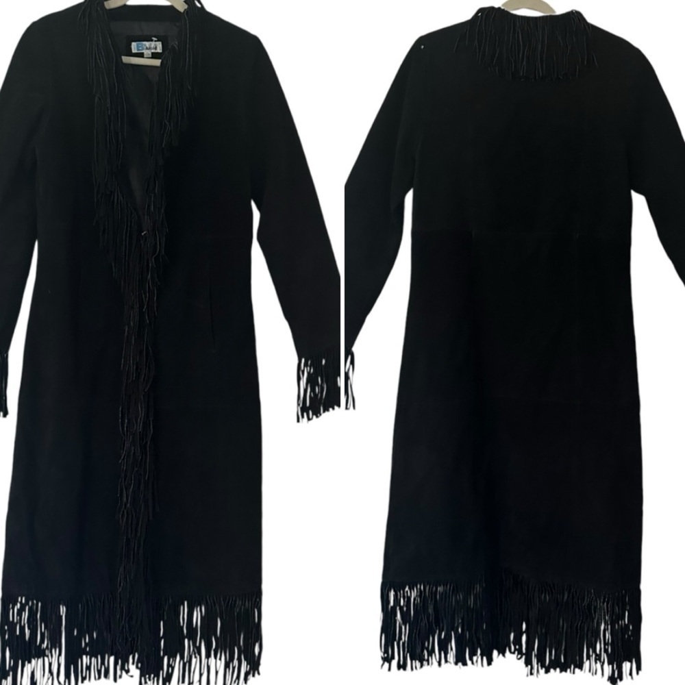 VTG B Lucid Black Suede Fringe Duster Jacket XS Boho Festival Coat - Picture 4 of 16